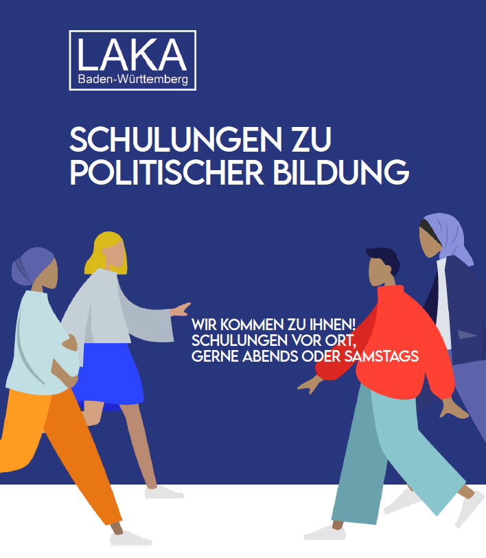 Auf dem Bild ist das Titelbild des Angebots der Schulungen der LAKA Baden-Württemberg mit vier Menschen in Aktion zu sehen.